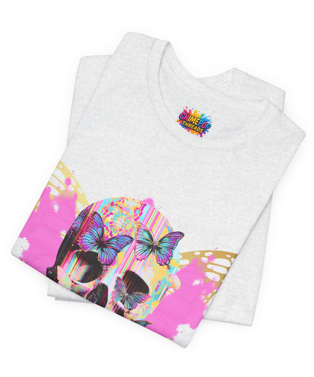 Butterfly Skull Pink Splatter Gothic Tee