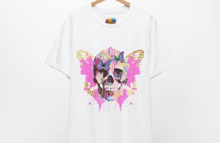 Butterfly Skull Pink Splatter Gothic Tee